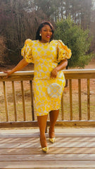 FLORAL JACQUARD STATEMENT SLEEVE DRESS Church Dress