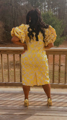 FLORAL JACQUARD STATEMENT SLEEVE DRESS Church Dress