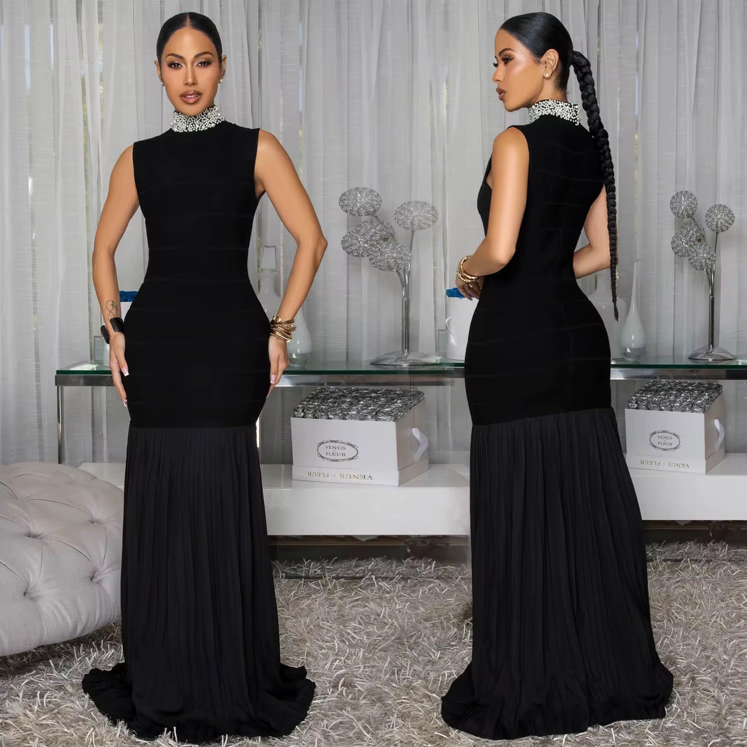 Maxi Dress woman Pleated Bodycon Dress