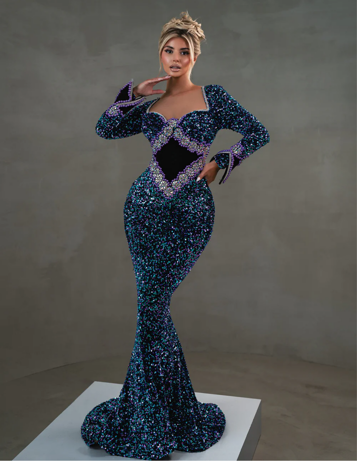 Long Sleeve Ornate Gown  Dress Pre order